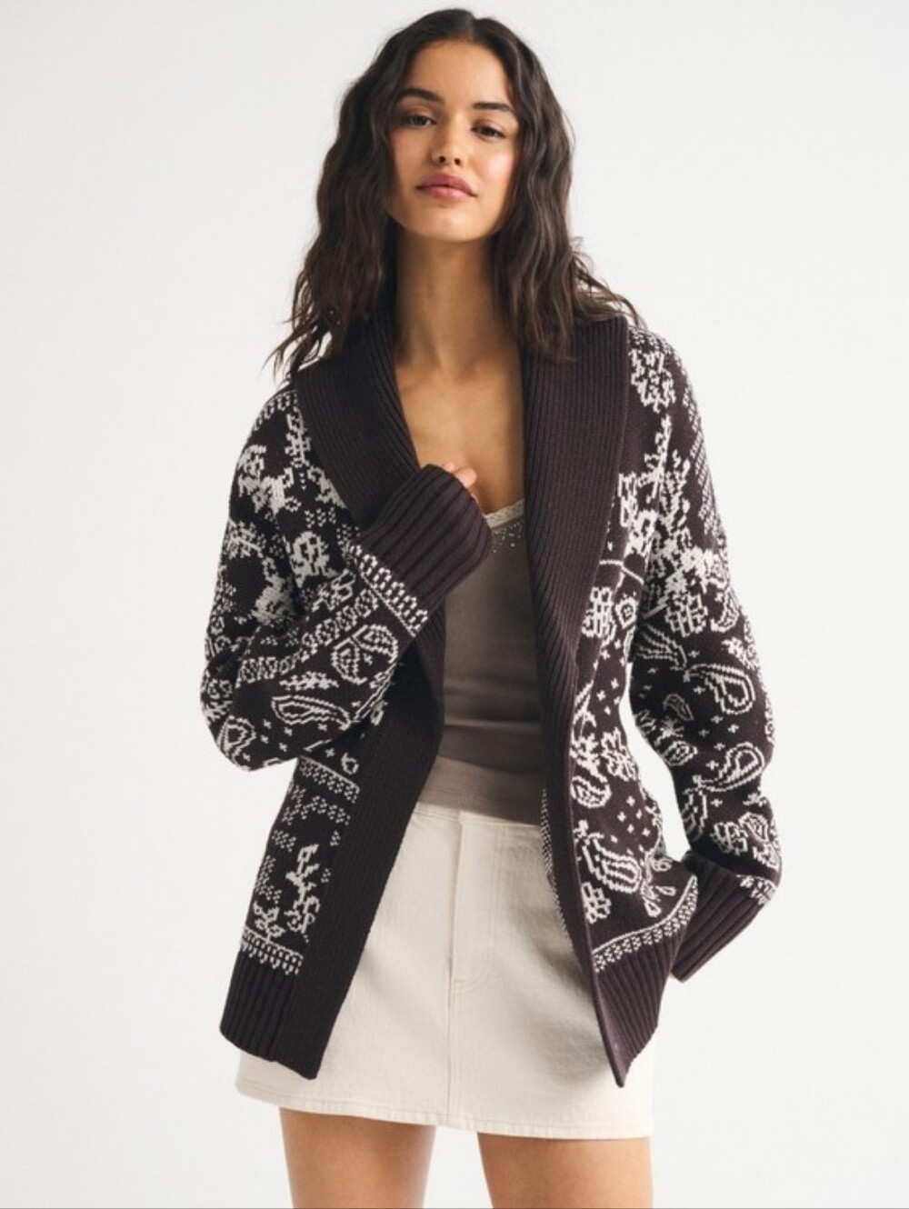 Nwt Abercrombie And Fitch Shawl Collar Cardigan Brown Print Small S
